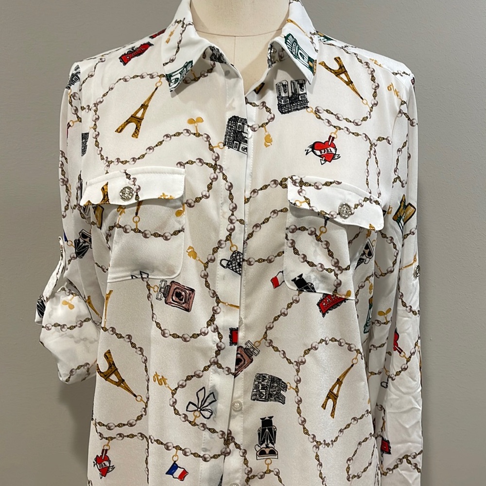 NWT Karl Lagerfeld Eiffel Tower / pearl chain / White Button down Blouse Size M